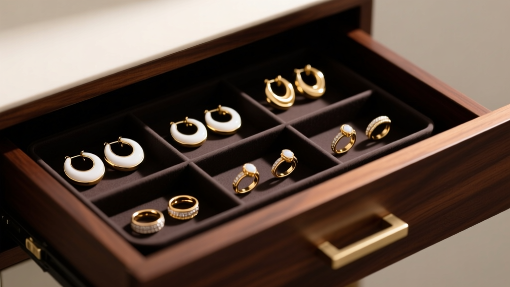 Anti-tarnish organizer holding 14k white gold hoops and rings, placed inside a dark mahogany drawer with soft ambient lighting