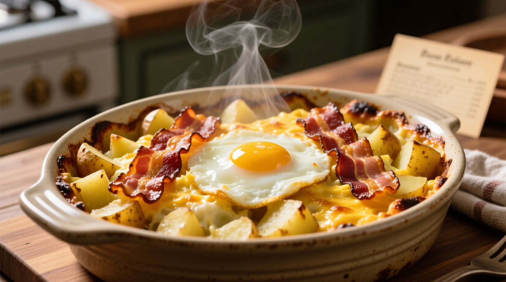 Golden bacon egg potato casserole fresh from oven