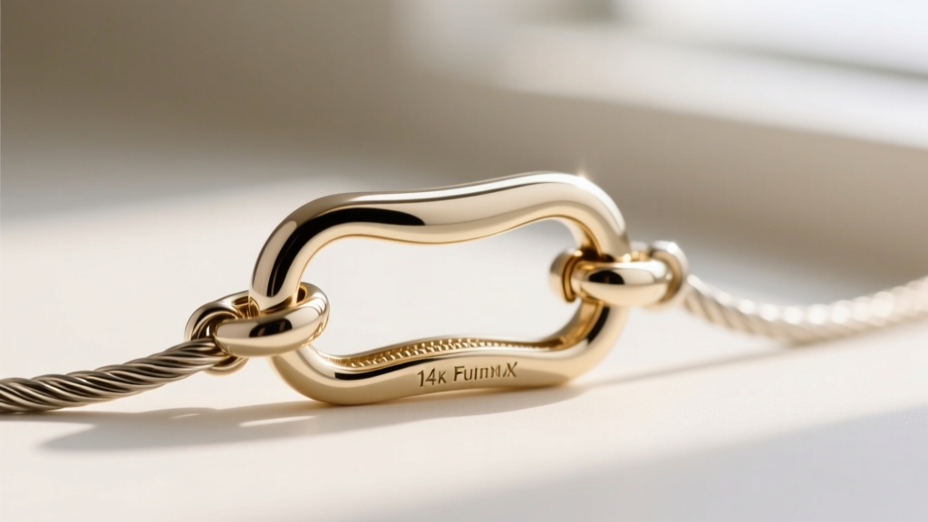 Macro shot of a 14k white gold lobster clasp securing a delicate cable chain, showing the laser-welded jump ring connection.