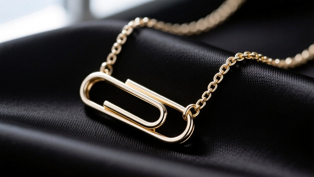 Macro shot of a 14k white gold paperclip necklace on black silk, showing elongated rectangular links and a polished lobster clasp.