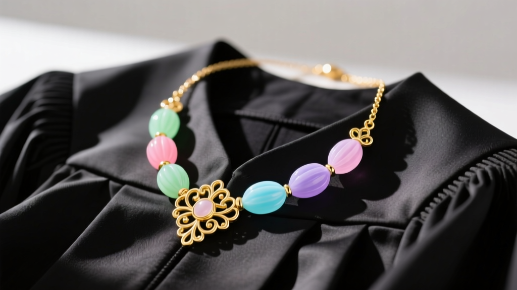 Pastel resin graduation candy necklace with gold accents resting on a dark black graduation gown in bright natural sunlight.