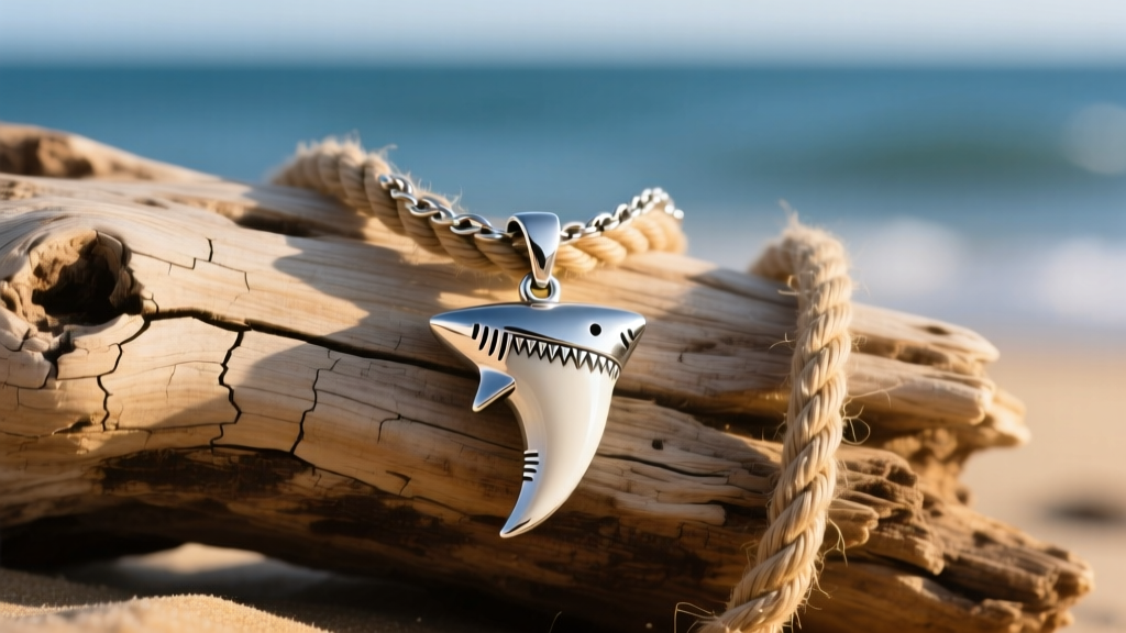 Solid 925 sterling silver shark tooth pendant on a thick rope chain resting on driftwood under soft coastal lighting.