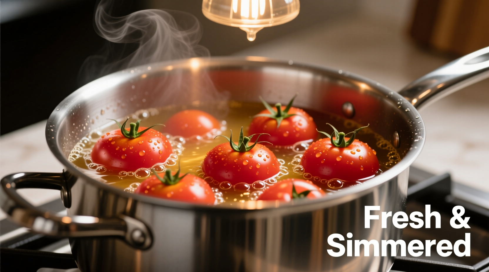 Fresh grape tomatoes simmering in stainless steel pot
