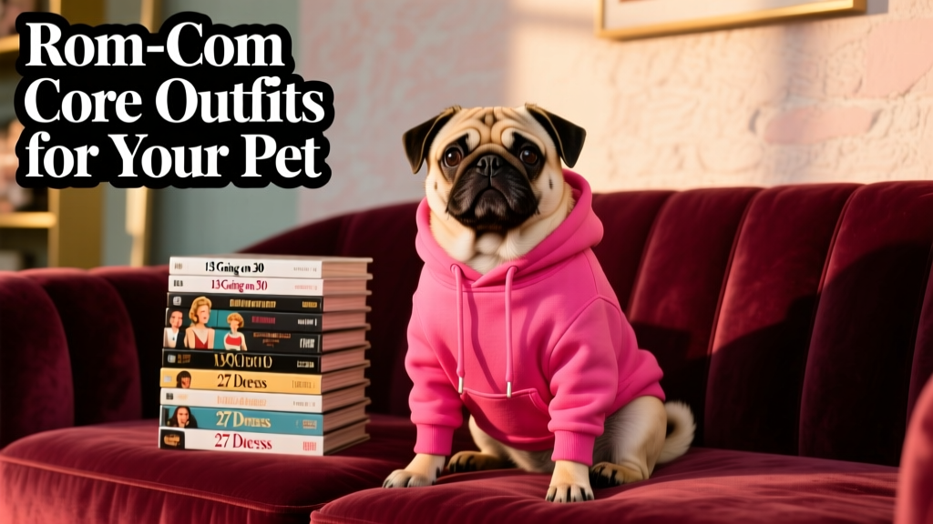 A pug wearing a bright pink hoodie, sitting on a velvet sofa next to a stack of rom-com DVDs