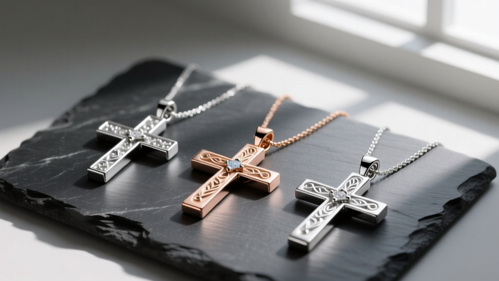 Flat lay of sterling silver, rose gold, and platinum cross pendants arranged on a dark slate surface next to a jeweler's loupe