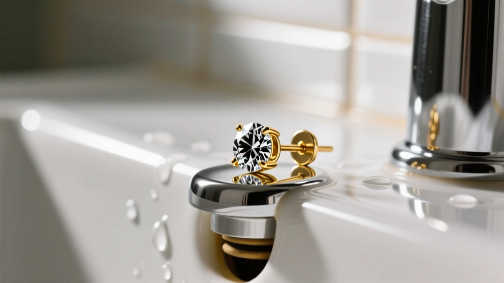 Macro shot of a delicate 14k gold diamond stud earring resting precariously on the edge of a chrome bathroom sink drain stopper