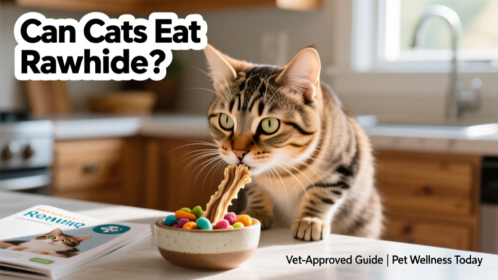 Close-up of a curious cat gently sniffing a rawhide chew next to a bowl of cat-safe treats