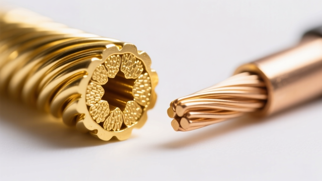 Macro shot of a gold-filled wire cross-section next to a thinly gold-plated brass wire, highlighting the thick outer gold layer.