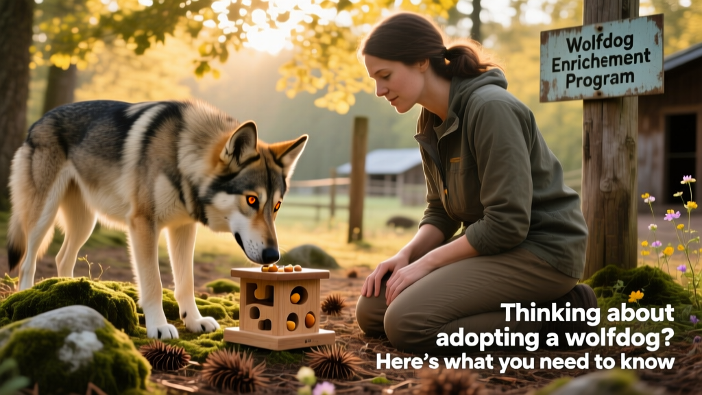 A wolfdog interacting calmly with a caregiver during a supervised enrichment session using puzzle toys and scent work