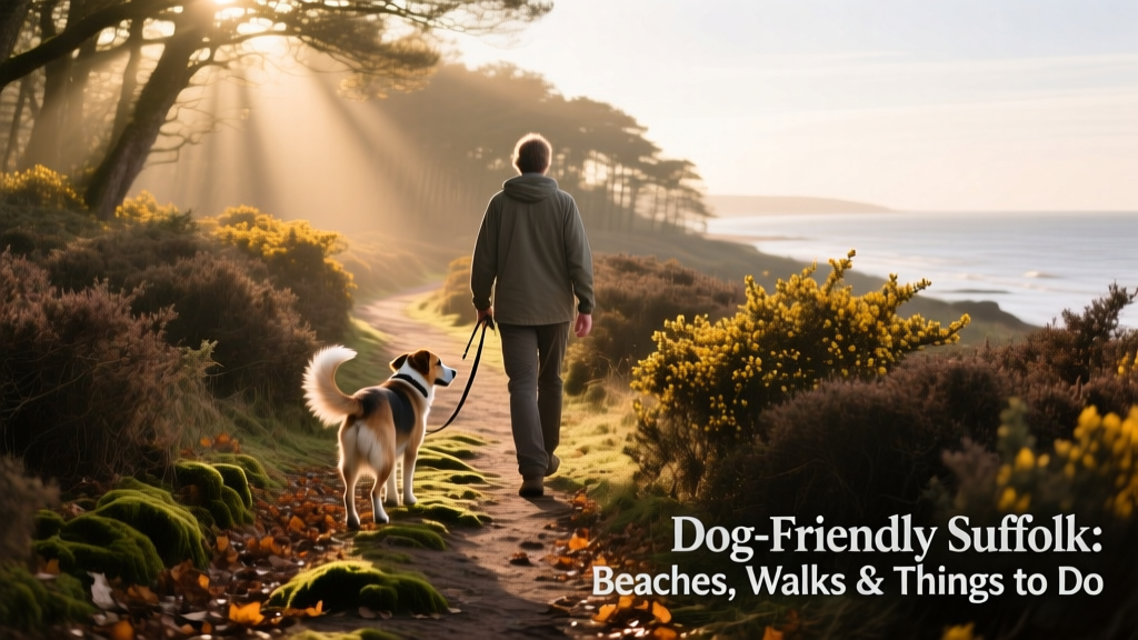 Dunwich Heath in Suffolk—a sun-dappled coastal woodland path with heather, gorse, and a relaxed dog walking beside their owner