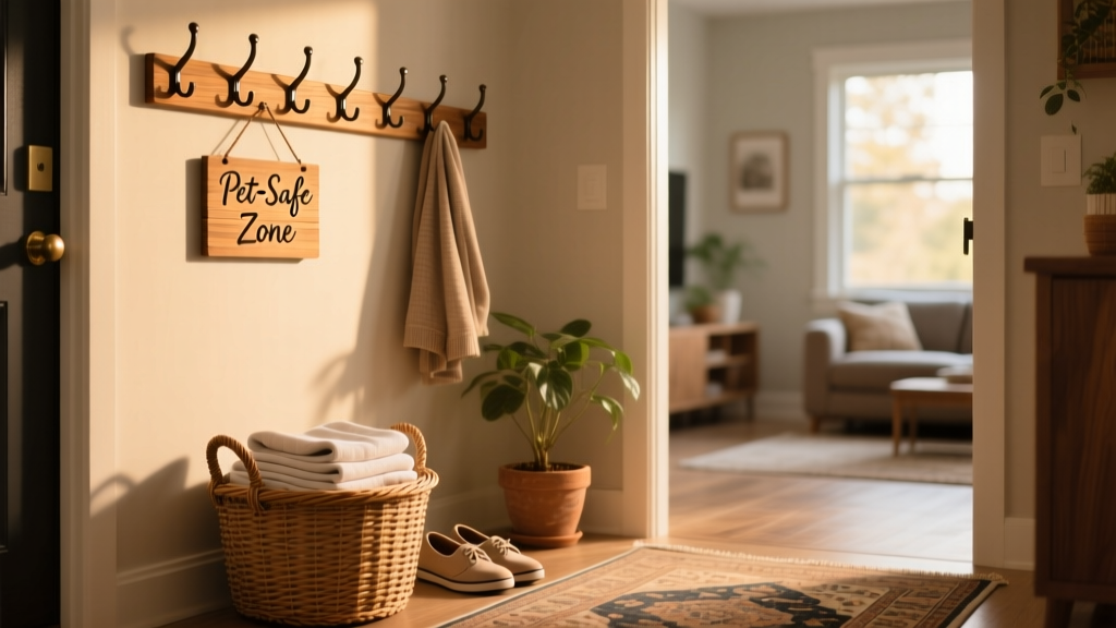 A neatly organized entryway with hooks for coats, a basket for shoes, and a small sign reading 'Pet-Safe Zone' on the wall