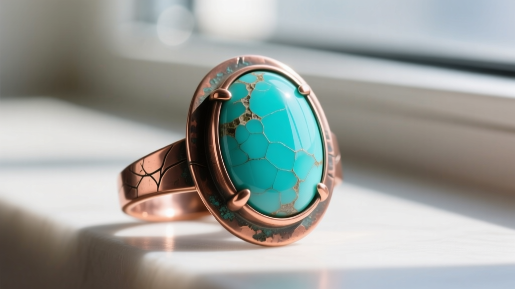 Turquoise cabochon in a copper bezel showing discoloration where clear nail polish solvents penetrated the porous stone surface.