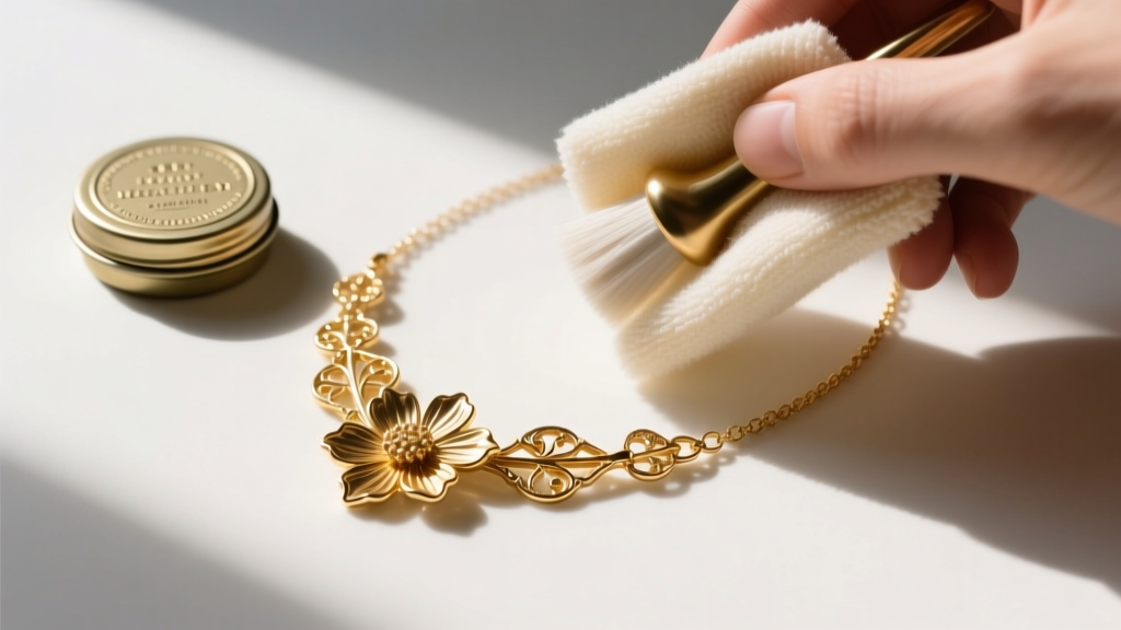 A soft microfiber cloth gently polishing a delicate gold-plated floral chain necklace next to a small tin of jewelry wax.