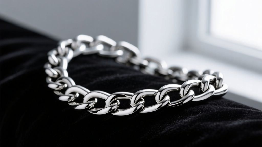 Close-up of 2.5mm 316L stainless steel Cuban chain on dark velvet, highlighting precise interlocking links and a high polish finish.