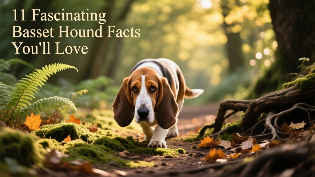 A Basset Hound calmly following a scent trail through a leafy forest path, nose close to the ground