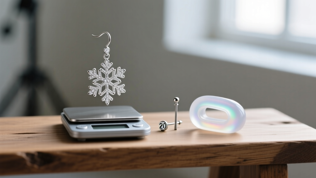 Digital scale weighing a platinum snowflake dangle earring beside a 20-gauge post and jumbo silicone clutch on a wooden bench