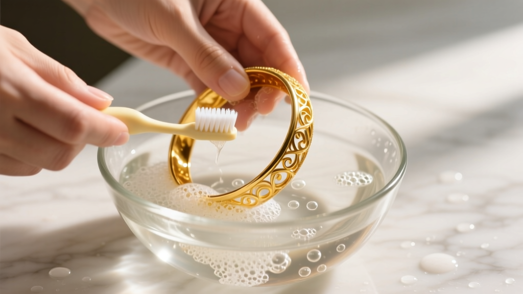 Hands gently washing a delicate 22k gold bangle in a glass bowl of soapy distilled water using an ultra-soft baby toothbrush