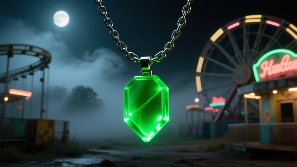 Glowing green LED resin pendant on a thick steel chain, photographed against a dark, foggy theme park background at night.