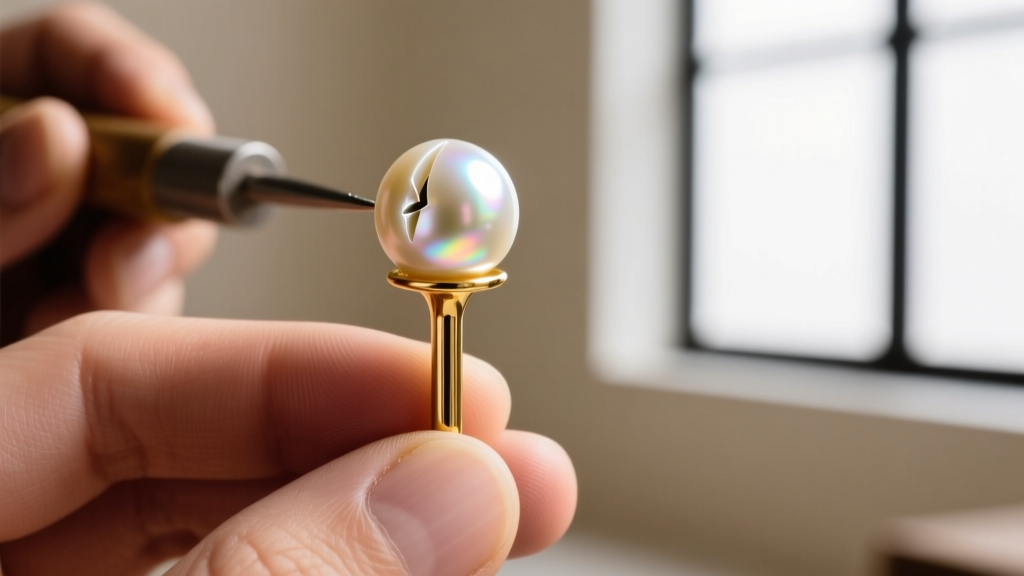 View of a half-drilled pearl mounted on a gold friction post with jeweler