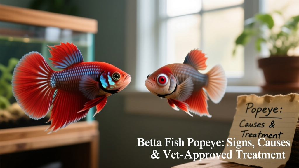 Close-up of a healthy betta fish next to one showing mild popeye, highlighting the difference in eye appearance