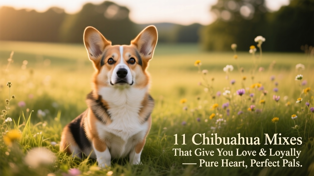 corgi chihuahua mix with chihuahua body and corgi face sitting in grass