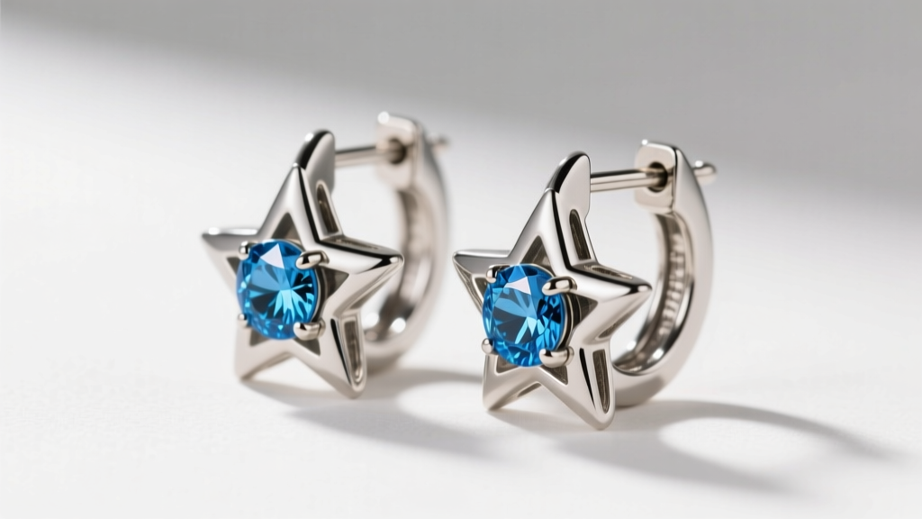 Side view of ASTM F136 titanium star huggie earrings with blue topaz, highlighting a polished seamless clicker hinge mechanism