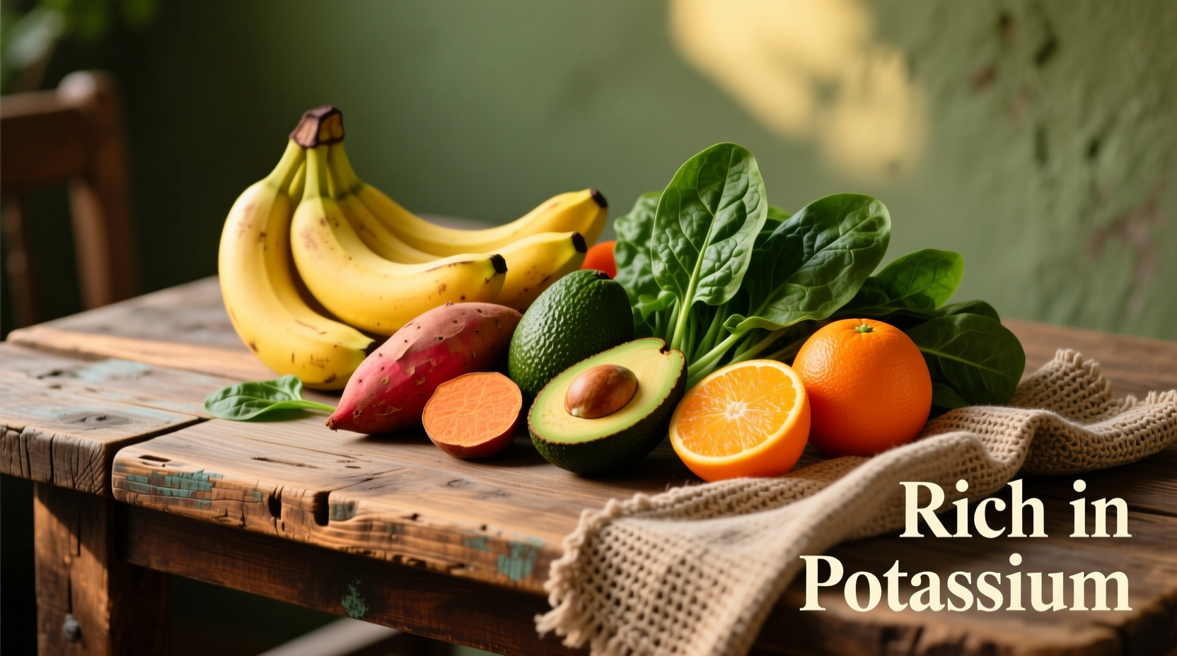 Colorful potassium-rich foods on wooden table