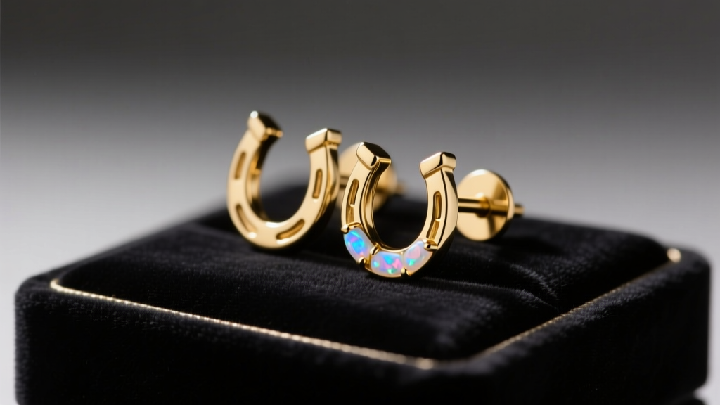 Close-up of 14k solid gold horseshoe barbell earring with opal ends resting on dark velvet gift box lid under warm studio lighting.