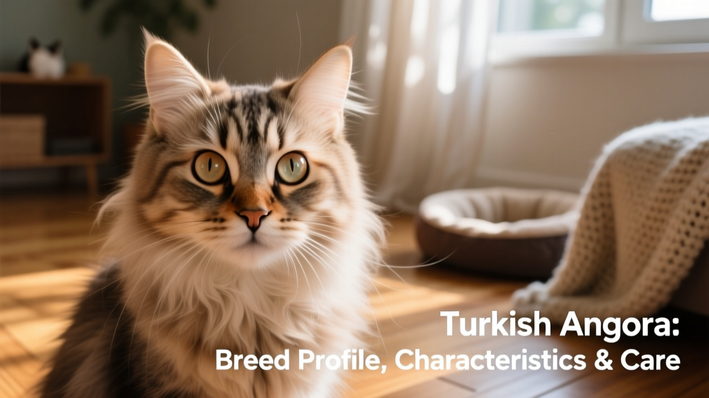 A close-up portrait of a Turkish Angora showing expressive eyes, delicate facial structure, and fine, flowing fur