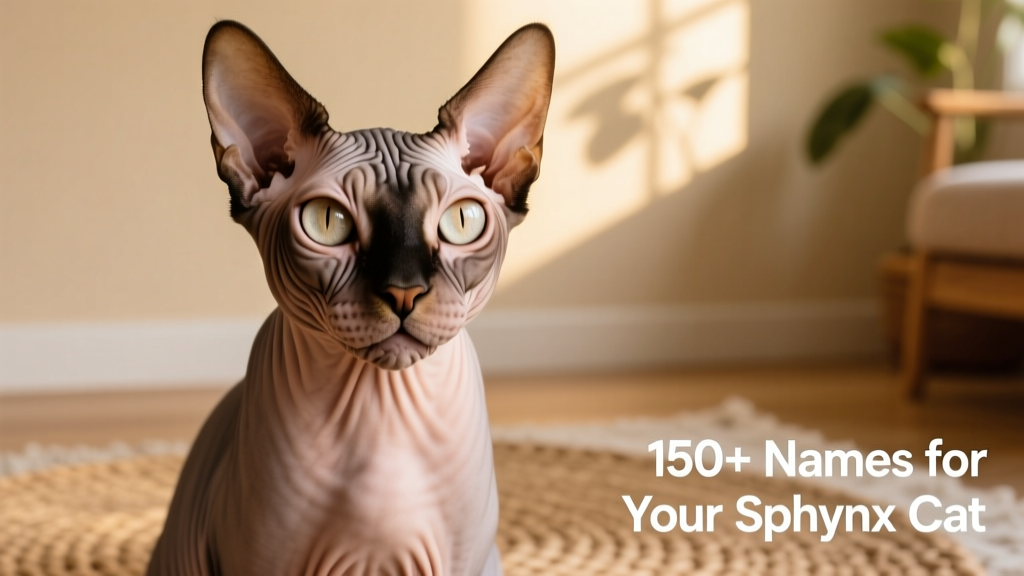 A close-up portrait of a smiling, wrinkled Sphynx cat gazing directly at the camera, showing its expressive eyes and velvety skin texture
