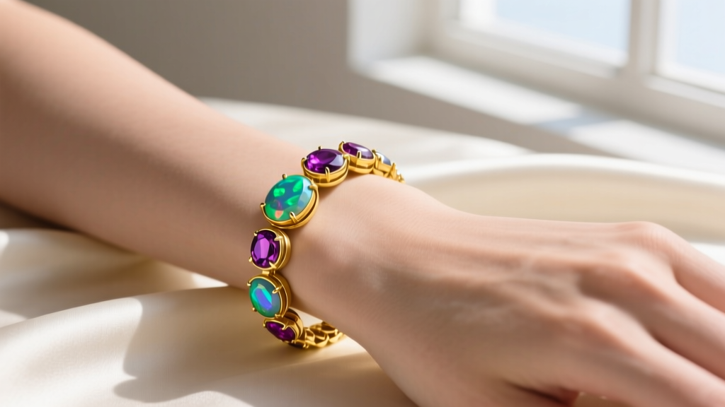 Yellow gold bracelet alternating bezel-set boulder opals and oval rubies, worn on a wrist against a neutral silk background.