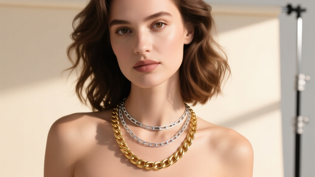 Woman wearing a layered necklace stack with a delicate 2mm silver paperclip chain paired with a thicker 5mm gold curb chain.
