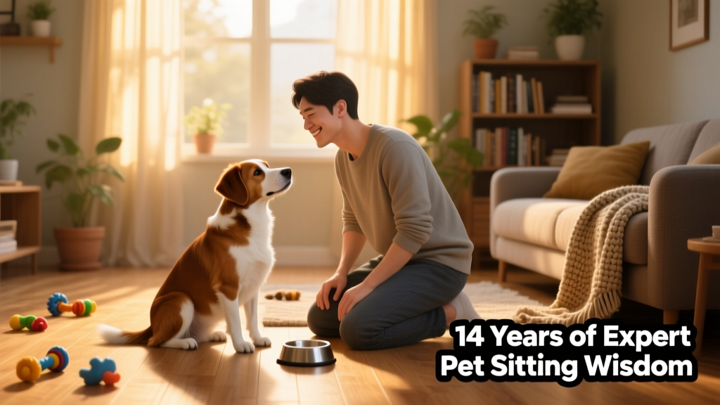 Friendly person kneeling beside a calm brown-and-white dog in a sunlit living room