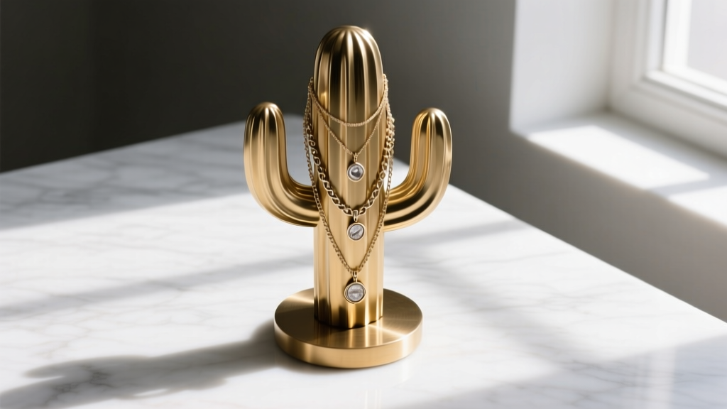 Cast brass cactus jewelry holder with weighted base holding layered necklaces, shot from a high angle on a white marble surface