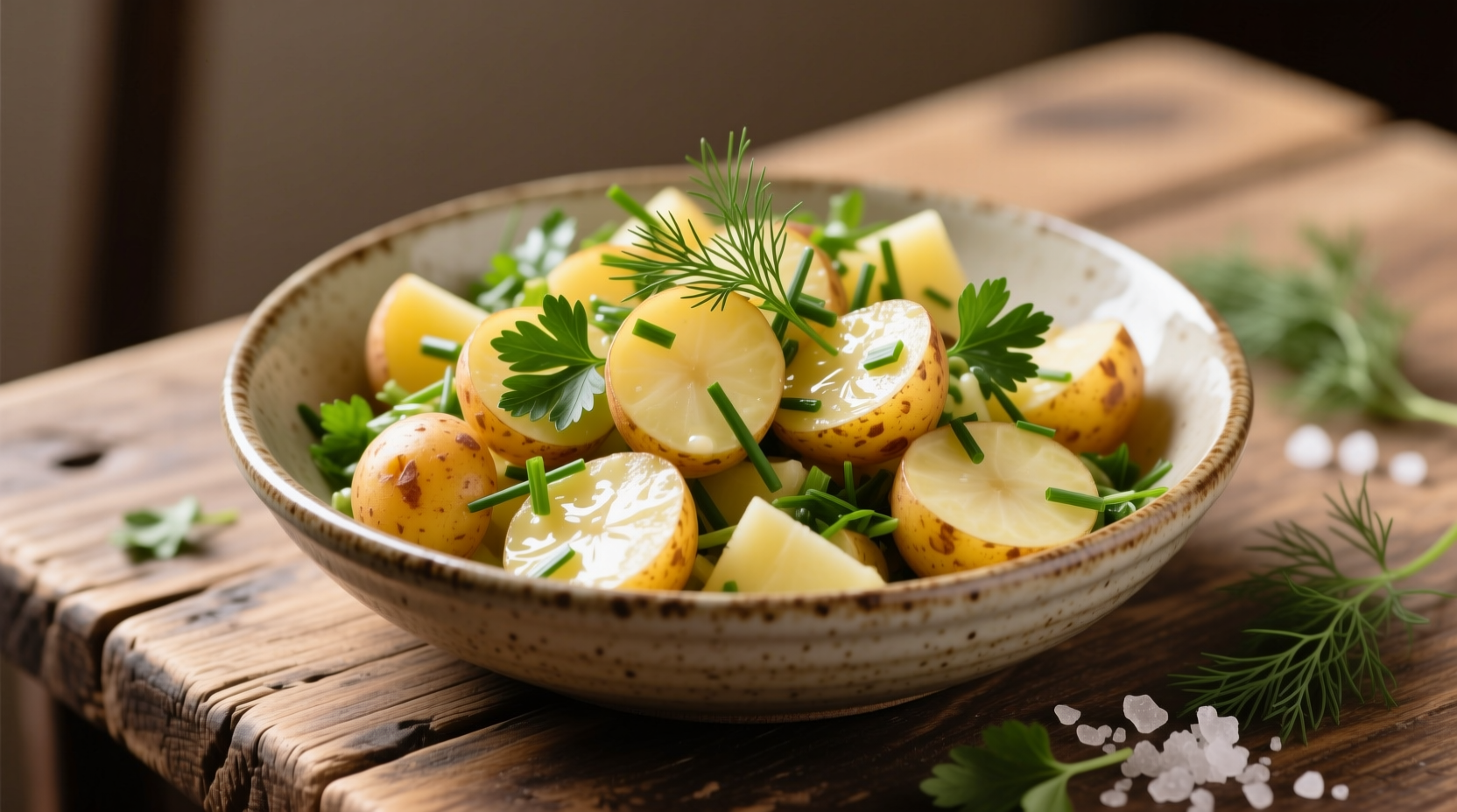 Perfectly cooked potato salad with fresh herbs