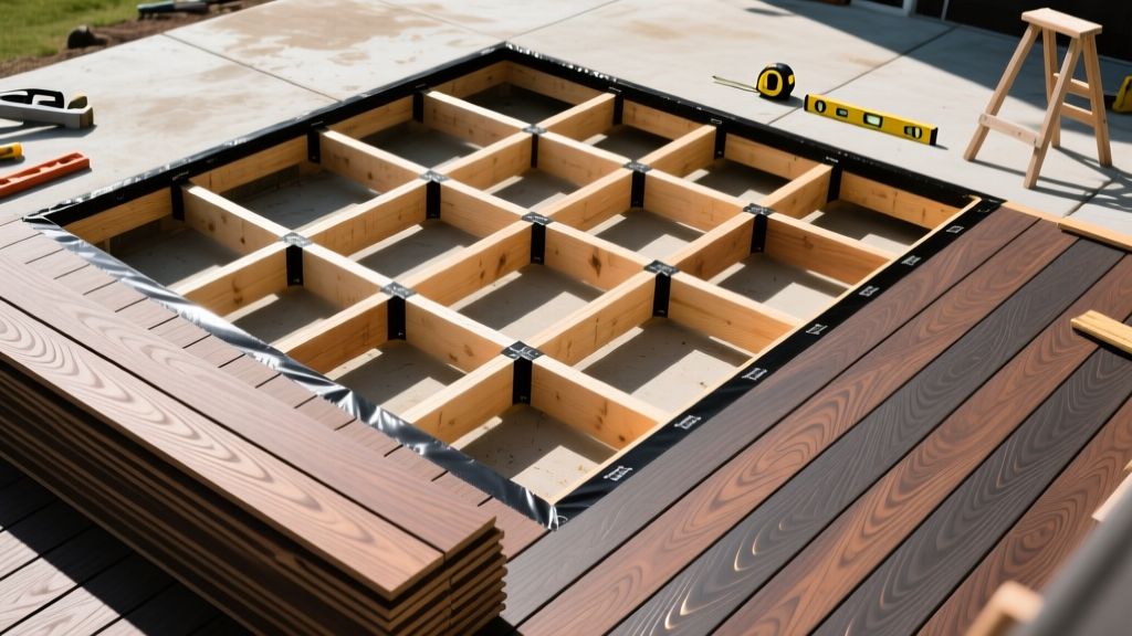 Top-down view of a partially built 10x10 deck showing pressure-treated joists with black flashing tape and stacked capped composite decking boards