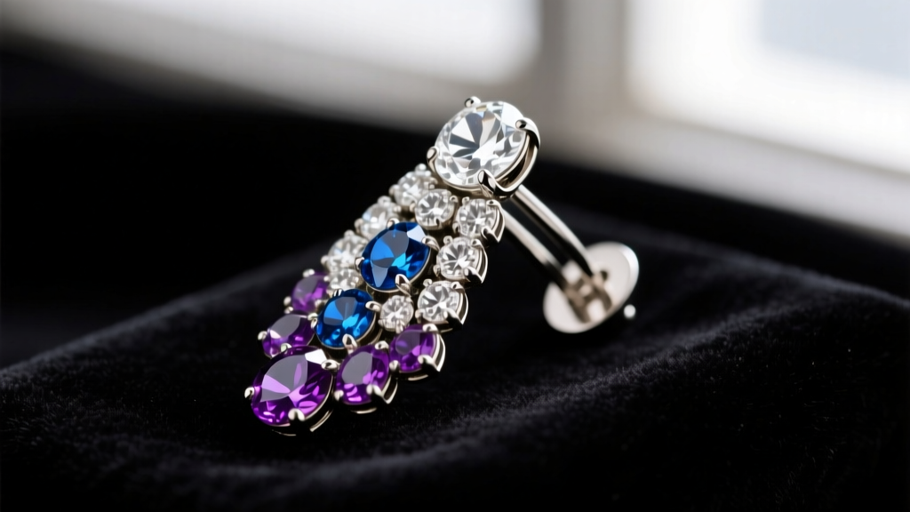 Macro shot of a restored vintage Bogoff rhinestone clip-on earring on black velvet, showing sparkling glass and rhodium