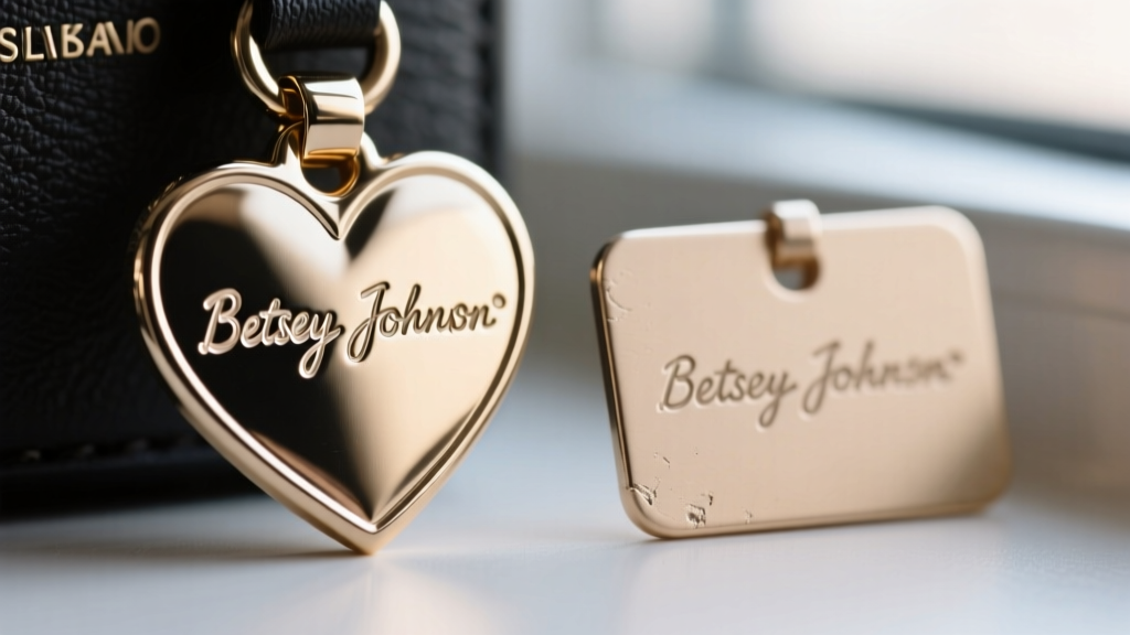 Macro close-up of a genuine Betsey Johnson heart logo tag next to a fake, showing crisp versus blurred metal engraving details.