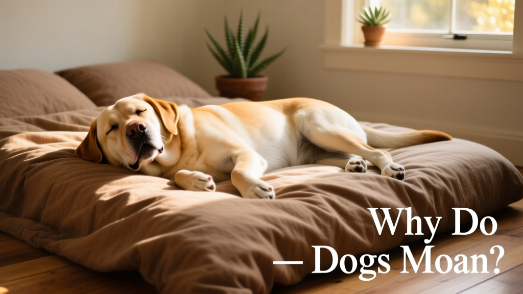 A relaxed dog lying on a cozy bed, eyes half-closed, mouth slightly open in a contented sigh