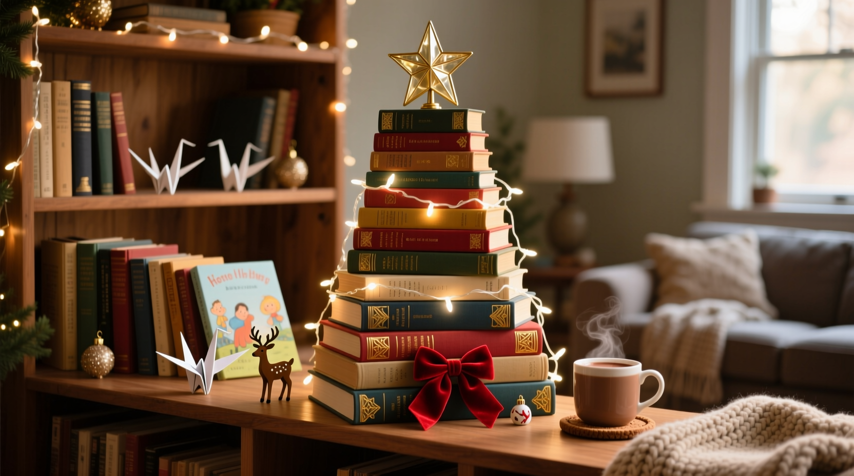 how to make a christmas tree out of books on a shelf