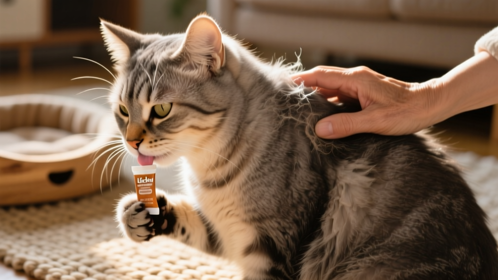 Close-up of a senior cat licking a tube of lickable treat while being gently stroked