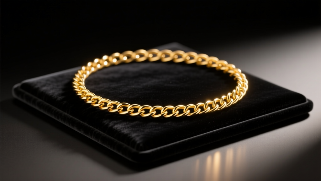 Delicate 18-inch 14k yellow gold cable chain resting on dark velvet jewelry display pad under warm studio lighting.