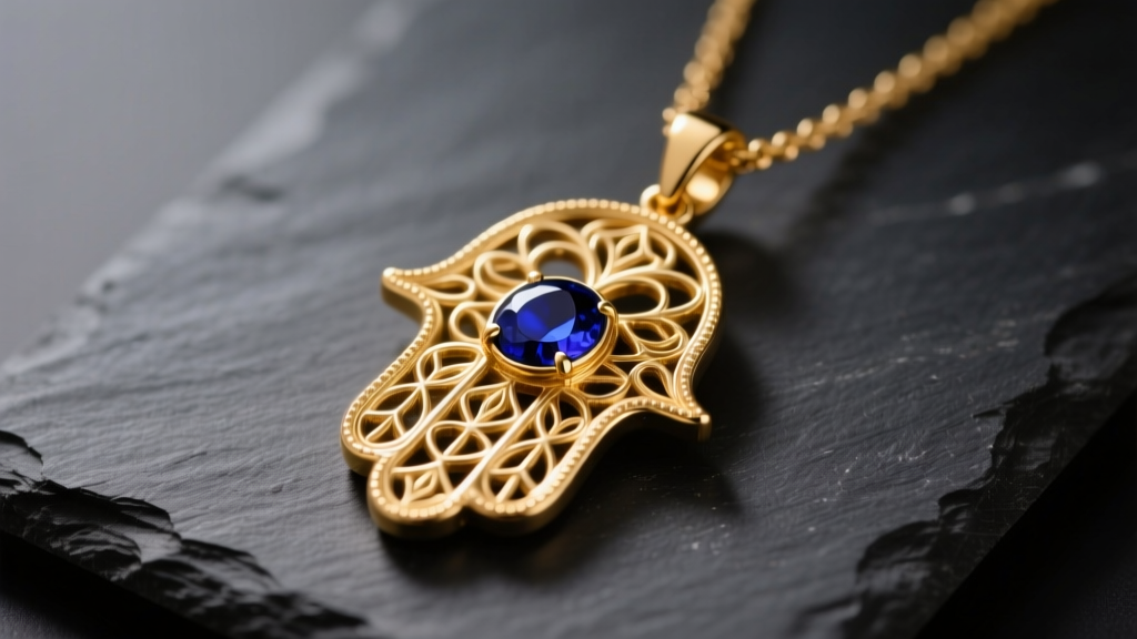 14k gold hamsa hand of fatima necklace on dark slate with a sapphire evil eye center under soft warm studio lighting