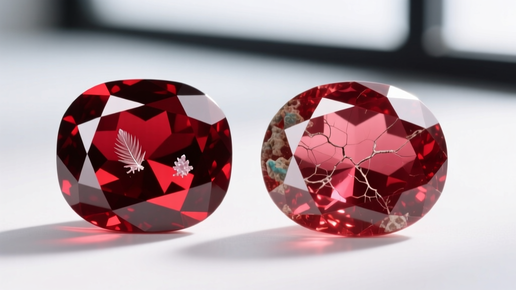 Natural and lab ruby charms side-by-side under bright light, showing inclusion differences and deep red color saturation clearly.