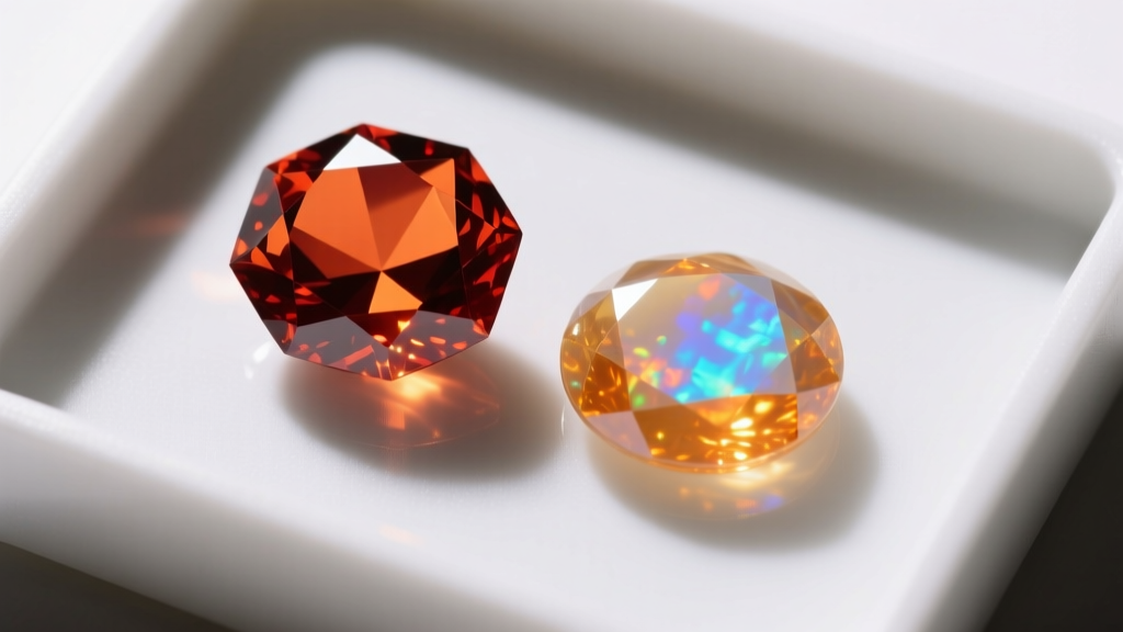 Top-down view of a faceted spessartite garnet and a translucent fire opal side-by-side on a white gemological grading tray.