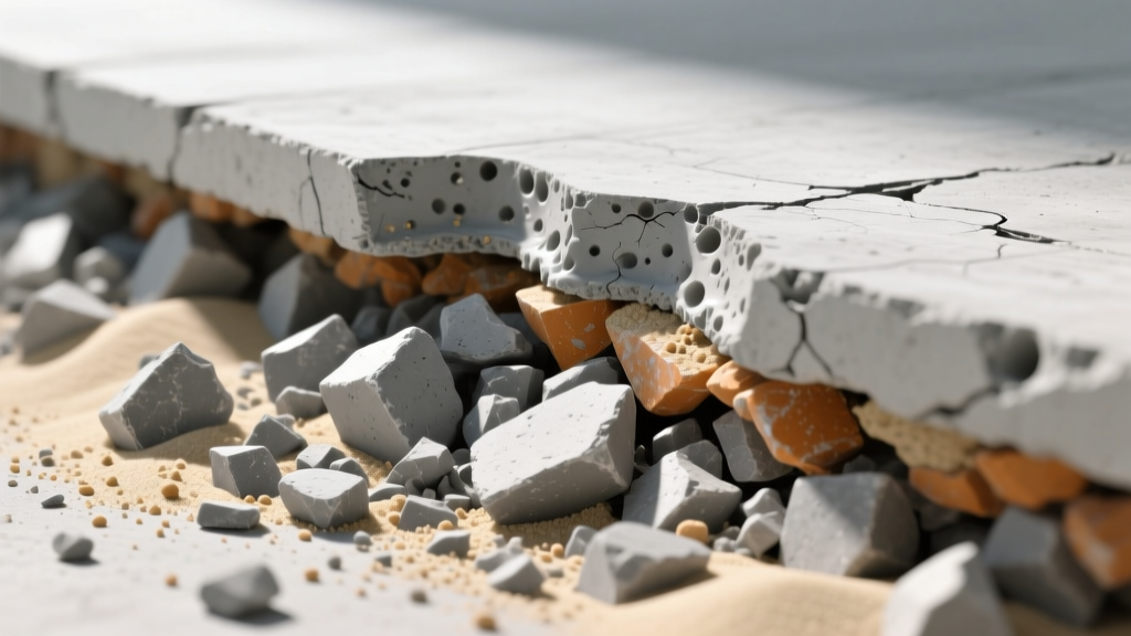 Cross-section of heterogeneous concrete mixture showing gray cement paste binding crushed limestone aggregates and sand