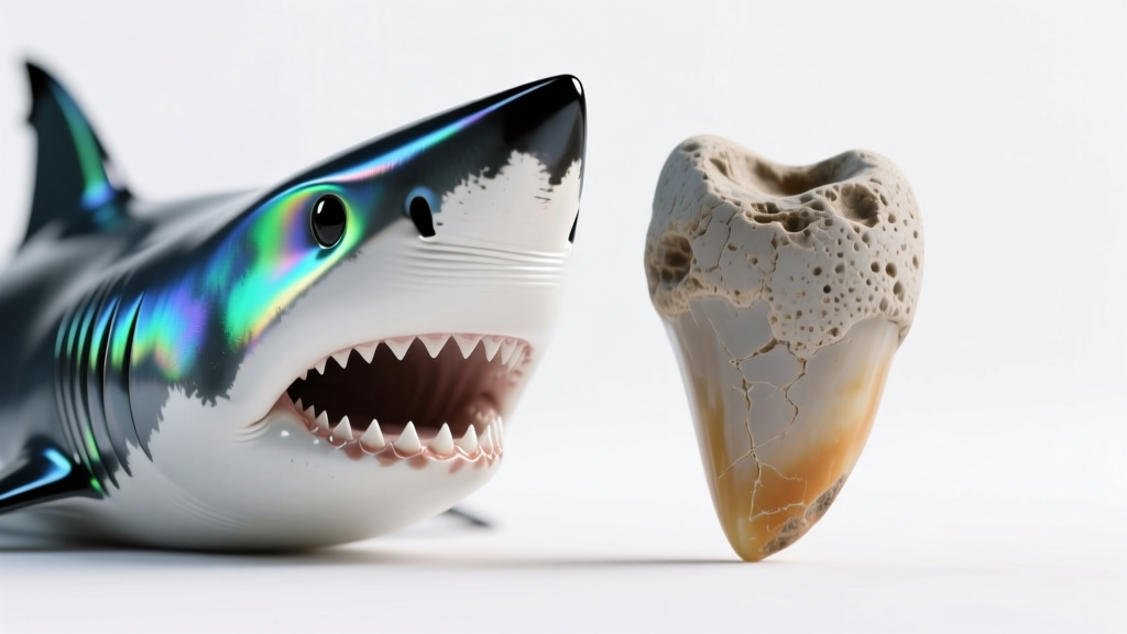 Macro photo comparing glossy fluorapatite enamel of a modern mako shark tooth against the matte permineralized fossil texture