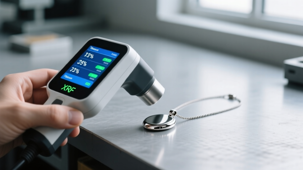 Handheld XRF analyzer scanning a titanium pendant necklace on a workbench, digital screen displaying safe metal composition data.