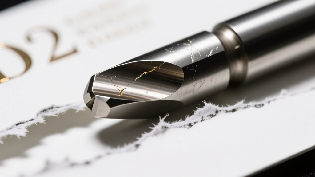 Extreme close-up of a D2 steel punch die tip showing a microscopic burr edge next to frayed paper tear-out on a jewelry display card