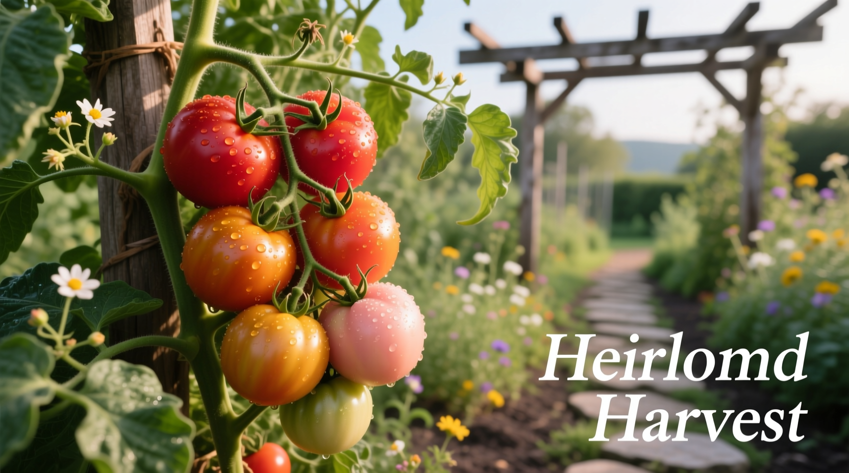 Organic heirloom tomatoes on vine in garden